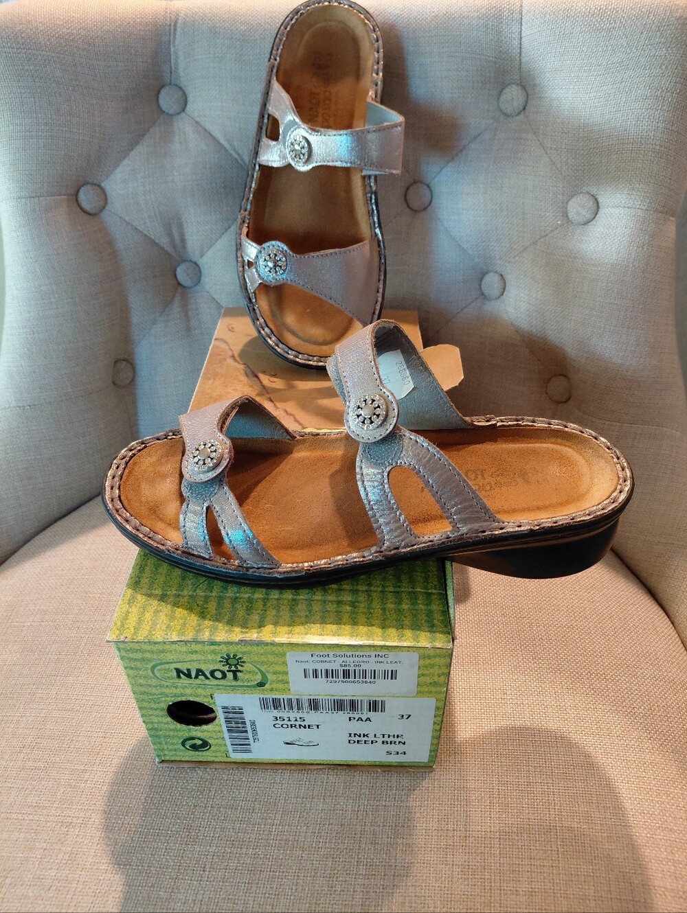 Naot Silver Leather Slide Mules with Decorative Medallions 6.5 - 7